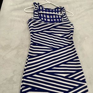 Very cute, short blue and white strip dress